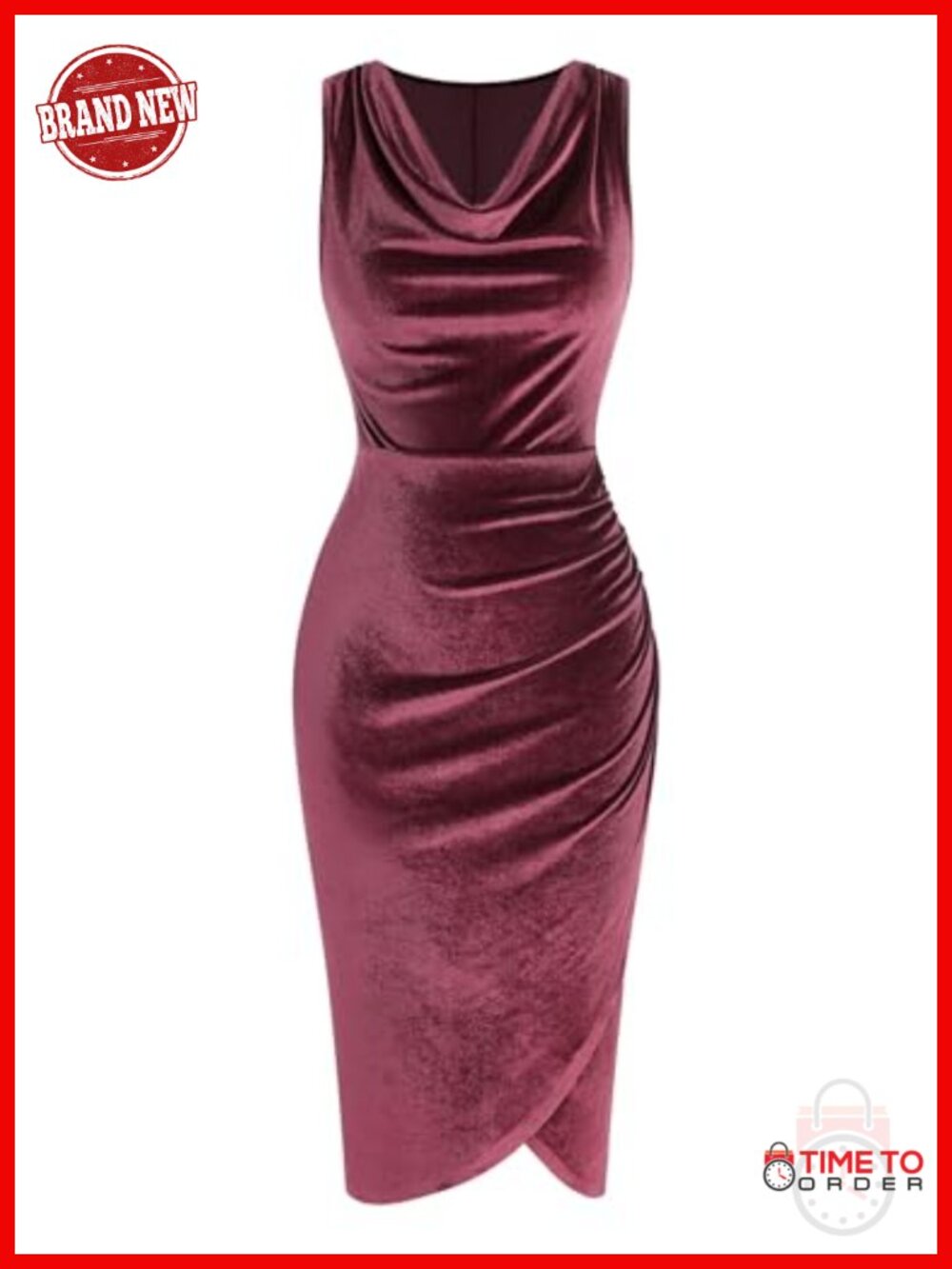 Velvet Ruched Bodycon Midi Dress Cowl Neck Side Slit Wedding Guest Cocktail